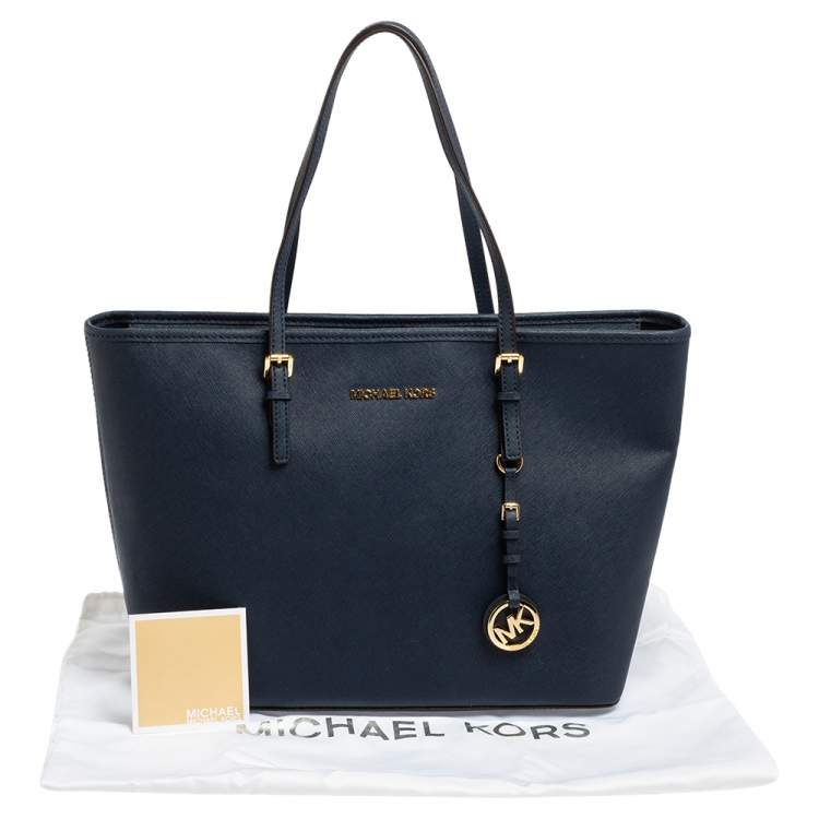 Pre Owned Michael Kors Blue Saffiano Leather Jet Set Travel Tote