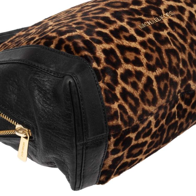 Pre Owned Michael Kors Black/Brown Leopard Print Pony Hair and Leather Tote