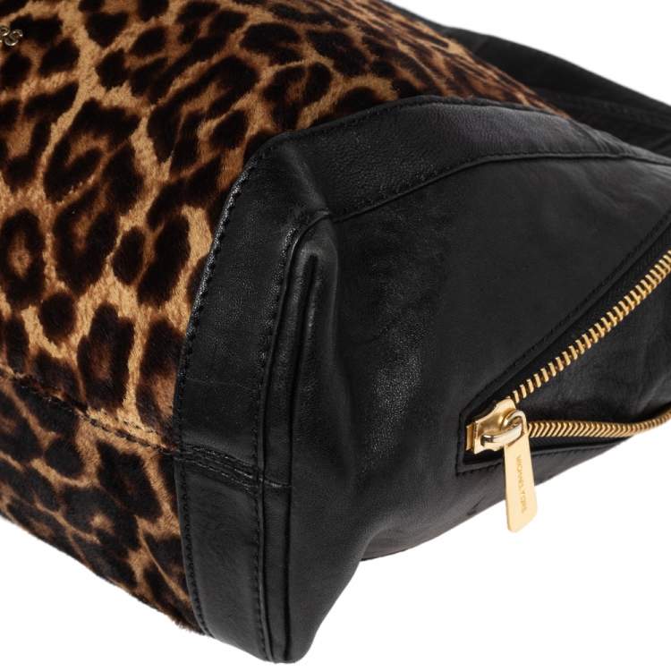 Pre Owned Michael Kors Black/Brown Leopard Print Pony Hair and Leather Tote