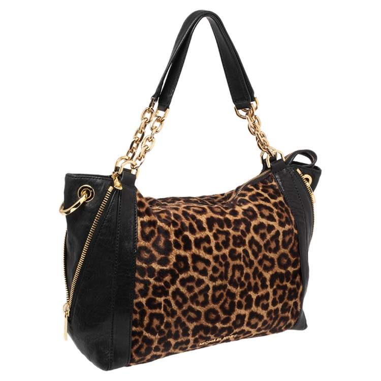 Pre Owned Michael Kors Black/Brown Leopard Print Pony Hair and Leather Tote