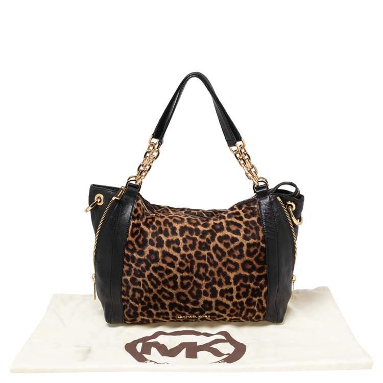 Pre Owned Michael Kors Black/Brown Leopard Print Pony Hair and Leather Tote