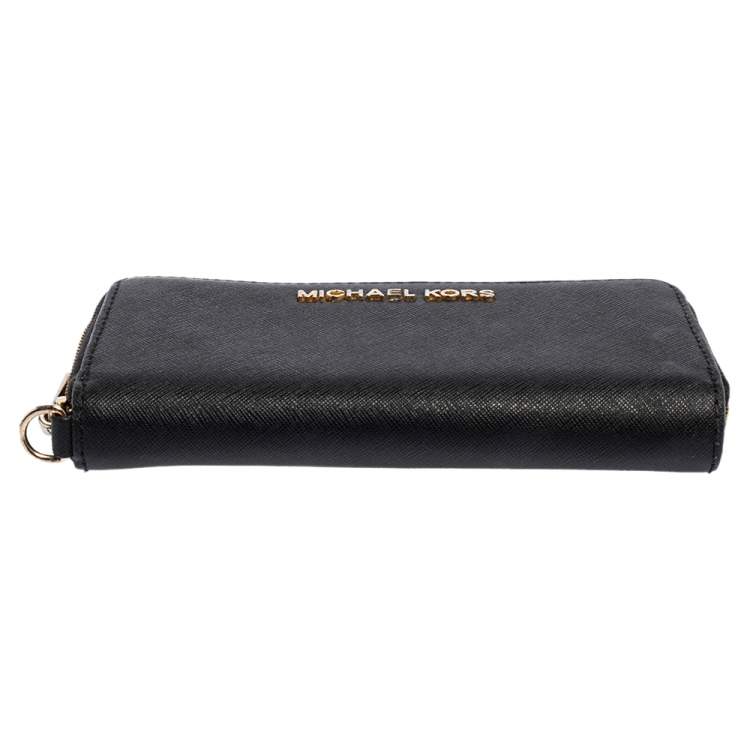 Pre Owned Michael Kors Black Leather Jet Set Zip Around Wallet