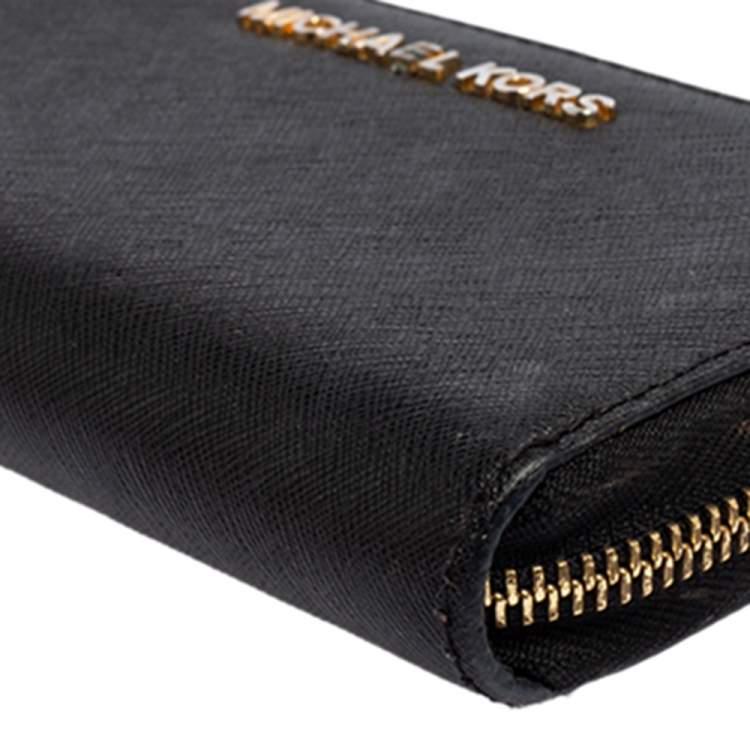 Pre Owned Michael Kors Black Leather Jet Set Zip Around Wallet