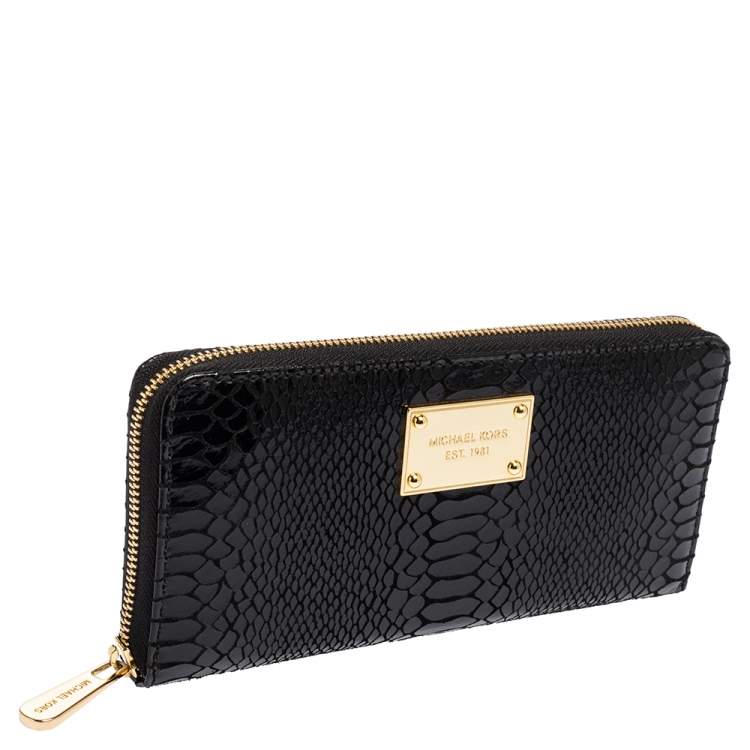Pre Owned Michael Kors Black Glossy Python Embossed Leather Jet Set Zip Around Wallet