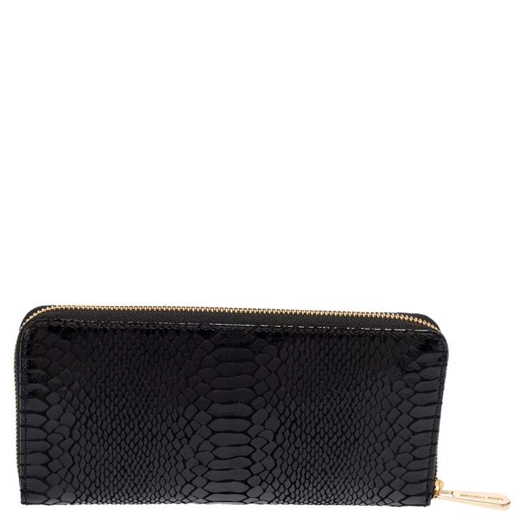 Pre Owned Michael Kors Black Glossy Python Embossed Leather Jet Set Zip Around Wallet