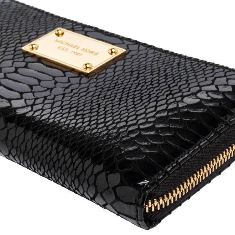 Pre Owned Michael Kors Black Glossy Python Embossed Leather Jet Set Zip Around Wallet