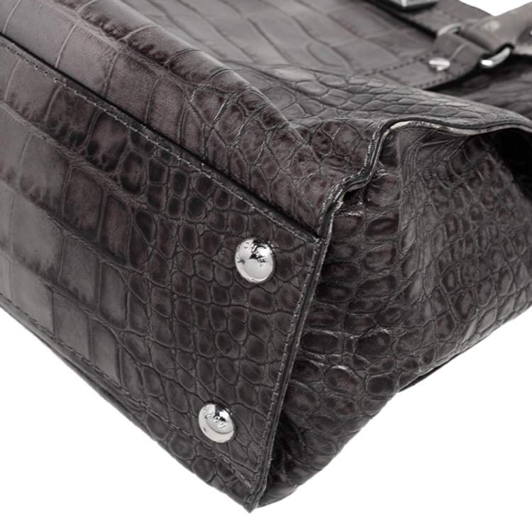 Pre Owned MICHAEL Michael Kors Black/Grey Croc Embossed Leather Large Hamilton North South Tote