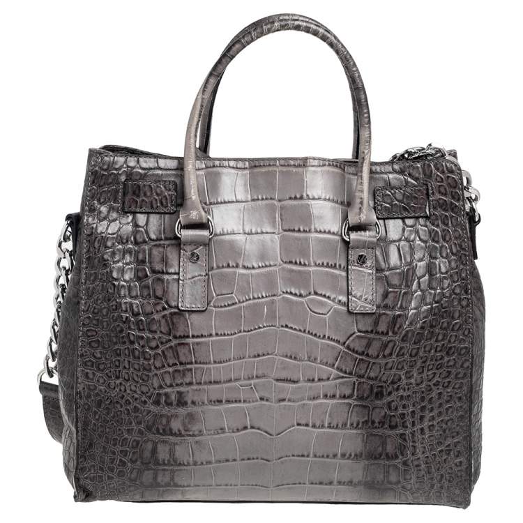 Pre Owned MICHAEL Michael Kors Black/Grey Croc Embossed Leather Large Hamilton North South Tote