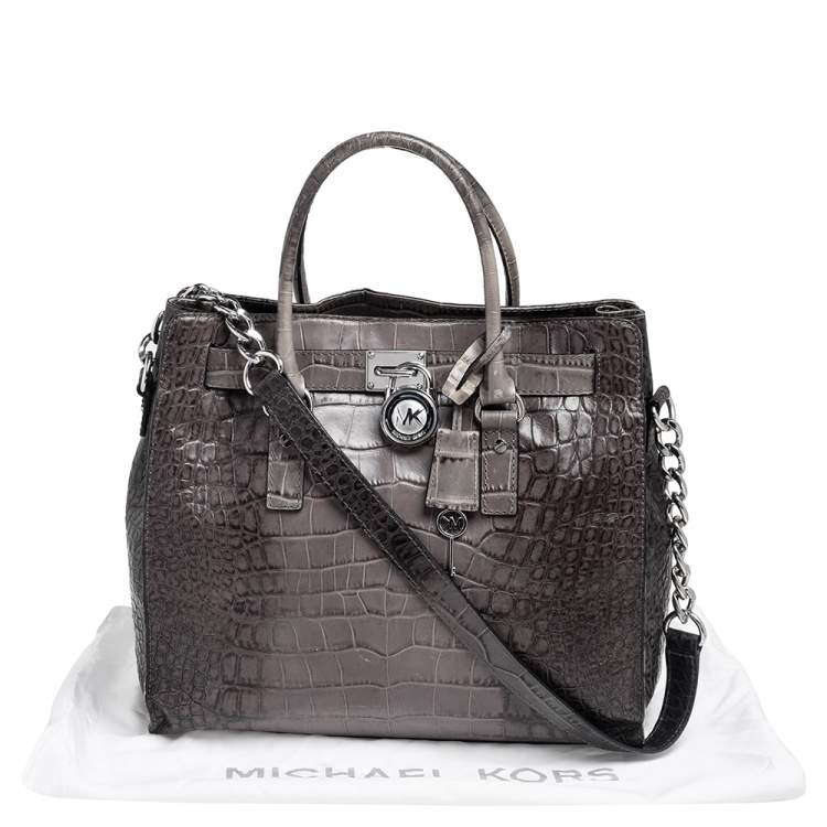 Pre Owned MICHAEL Michael Kors Black/Grey Croc Embossed Leather Large Hamilton North South Tote