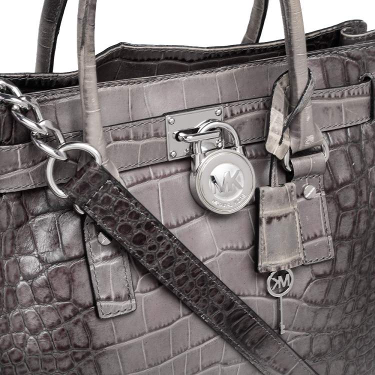 Pre Owned MICHAEL Michael Kors Black/Grey Croc Embossed Leather Large Hamilton North South Tote