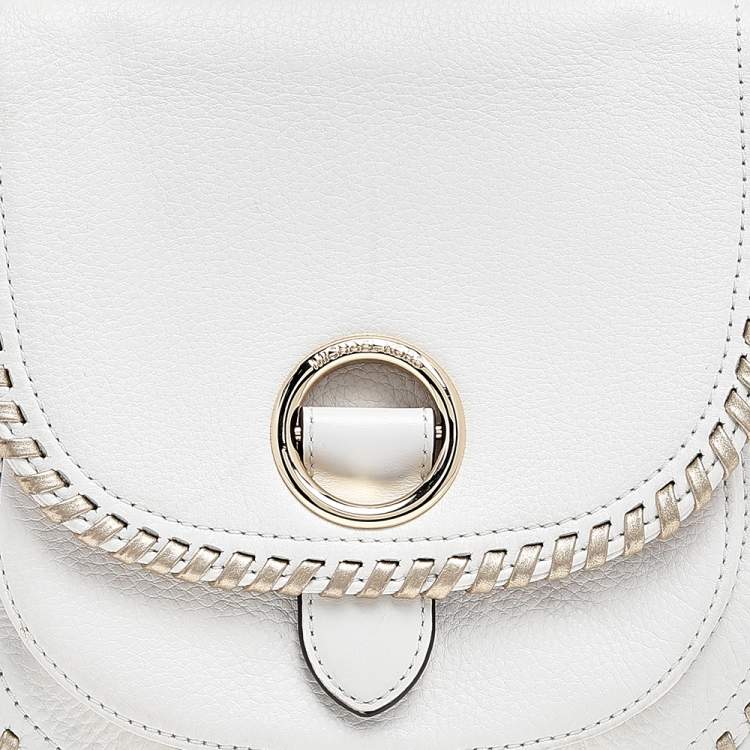 Pre Owned Michael Kors White/Gold Leather Isadore Stitch Top Handle Bag