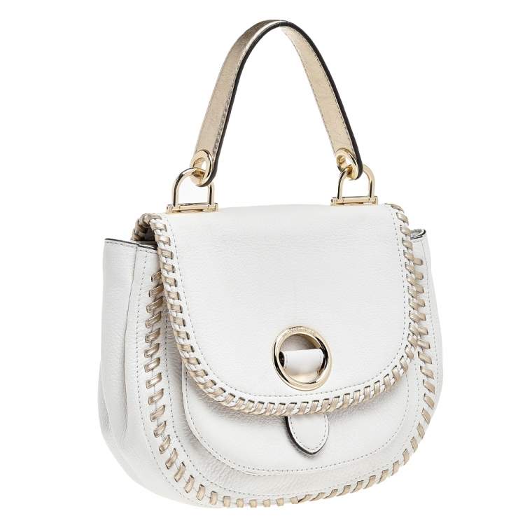 Pre Owned Michael Kors White/Gold Leather Isadore Stitch Top Handle Bag