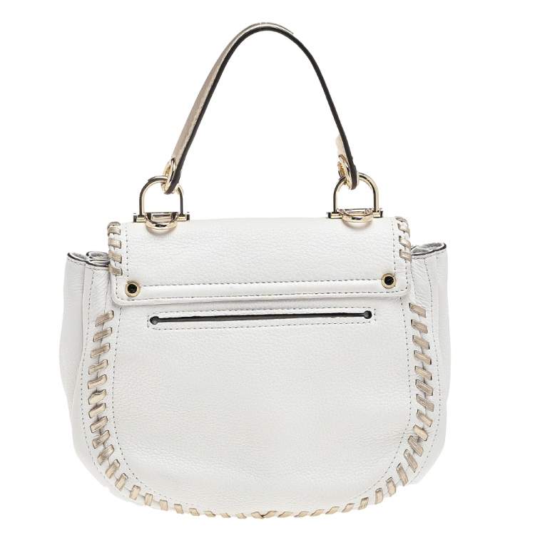 Pre Owned Michael Kors White/Gold Leather Isadore Stitch Top Handle Bag
