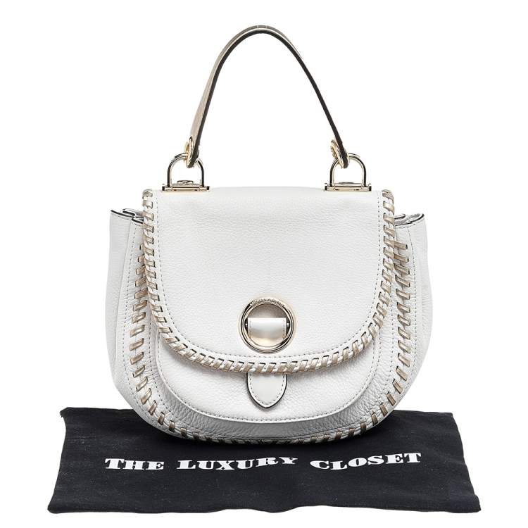 Pre Owned Michael Kors White/Gold Leather Isadore Stitch Top Handle Bag