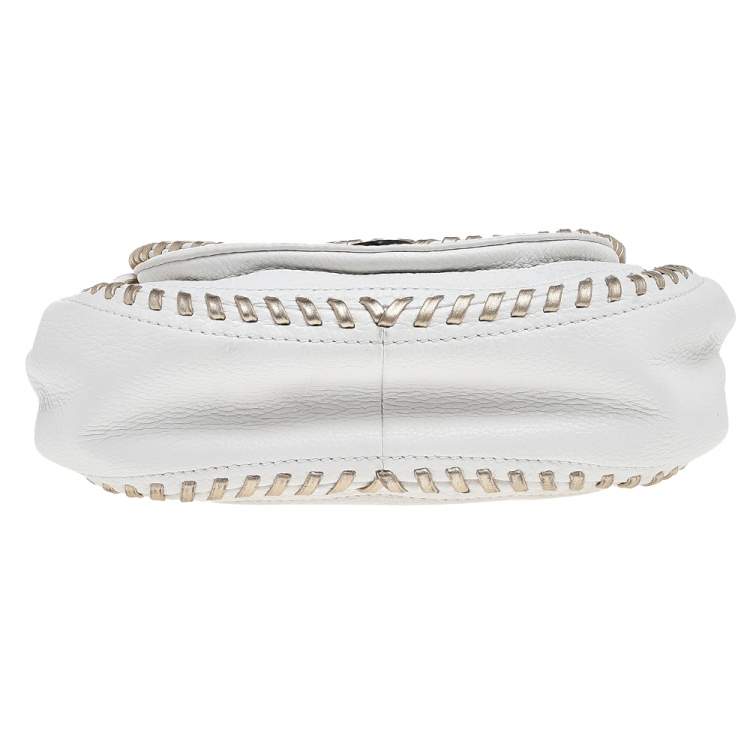Pre Owned Michael Kors White/Gold Leather Isadore Stitch Top Handle Bag