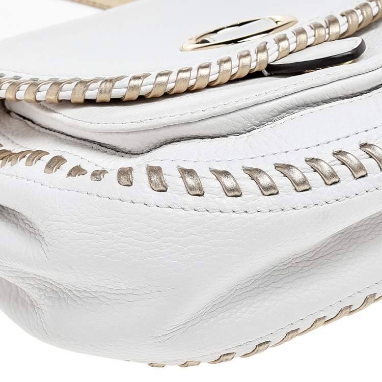 Pre Owned Michael Kors White/Gold Leather Isadore Stitch Top Handle Bag