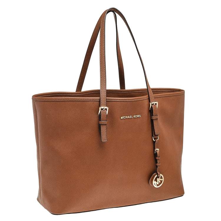 Pre Owned Michael Kors Brown Leather Large Jet Set Travel Tote