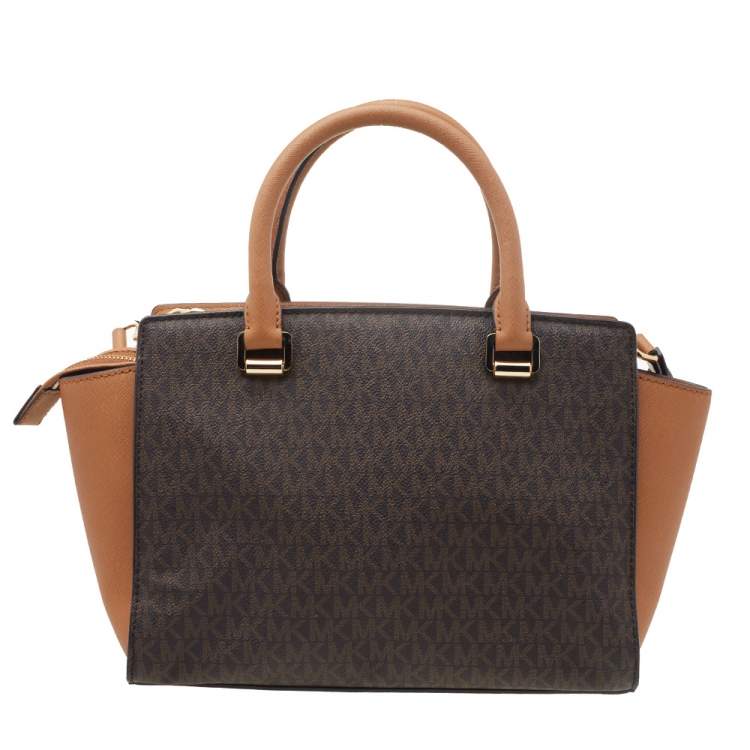 Pre Owned Michael Kors Brown Leather Pyramid Quilt Studded Selma Satchel