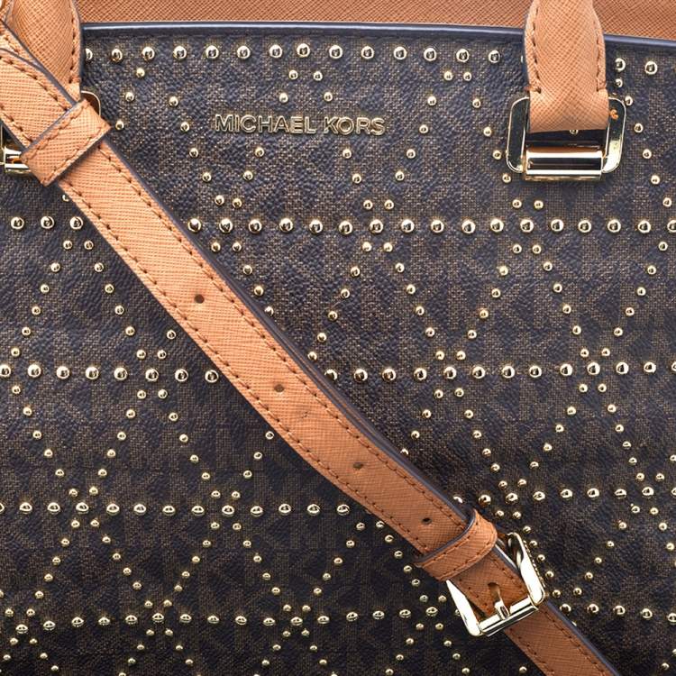 Pre Owned Michael Kors Brown Leather Pyramid Quilt Studded Selma Satchel
