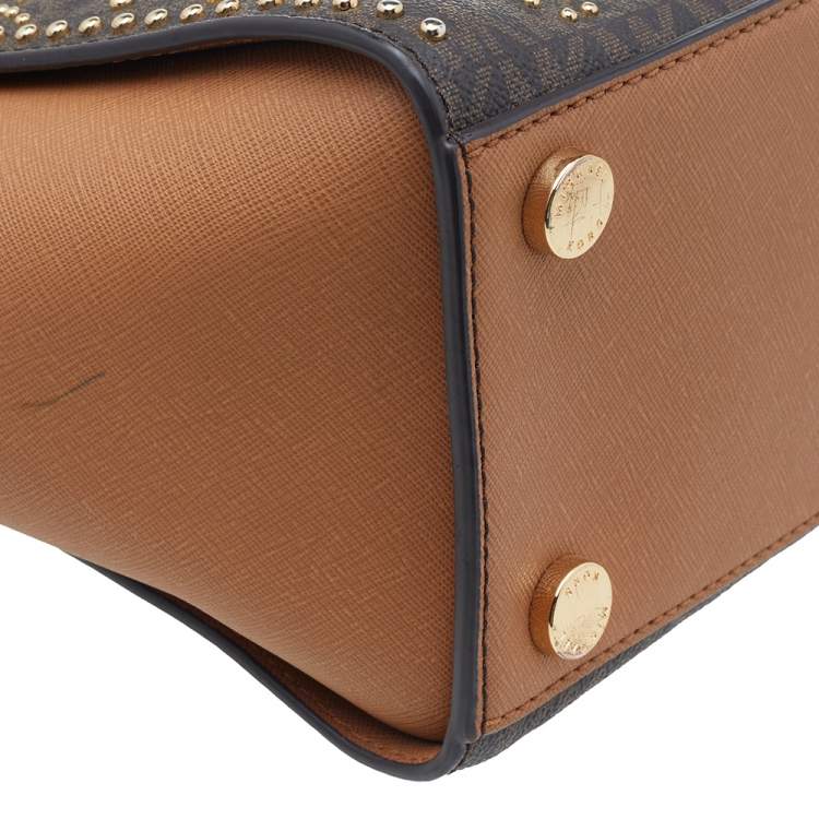 Pre Owned Michael Kors Brown Leather Pyramid Quilt Studded Selma Satchel