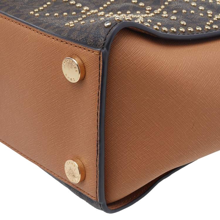 Pre Owned Michael Kors Brown Leather Pyramid Quilt Studded Selma Satchel