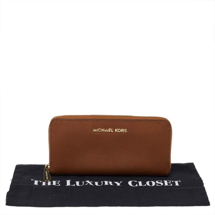 Pre Owned Michael Kors Brown Saffiano Leather Zip Around Wallet