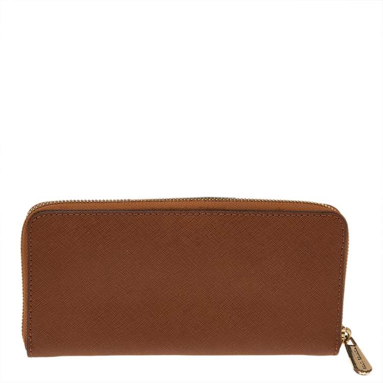 Pre Owned Michael Kors Brown Saffiano Leather Zip Around Wallet