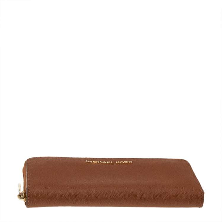 Pre Owned Michael Kors Brown Saffiano Leather Zip Around Wallet