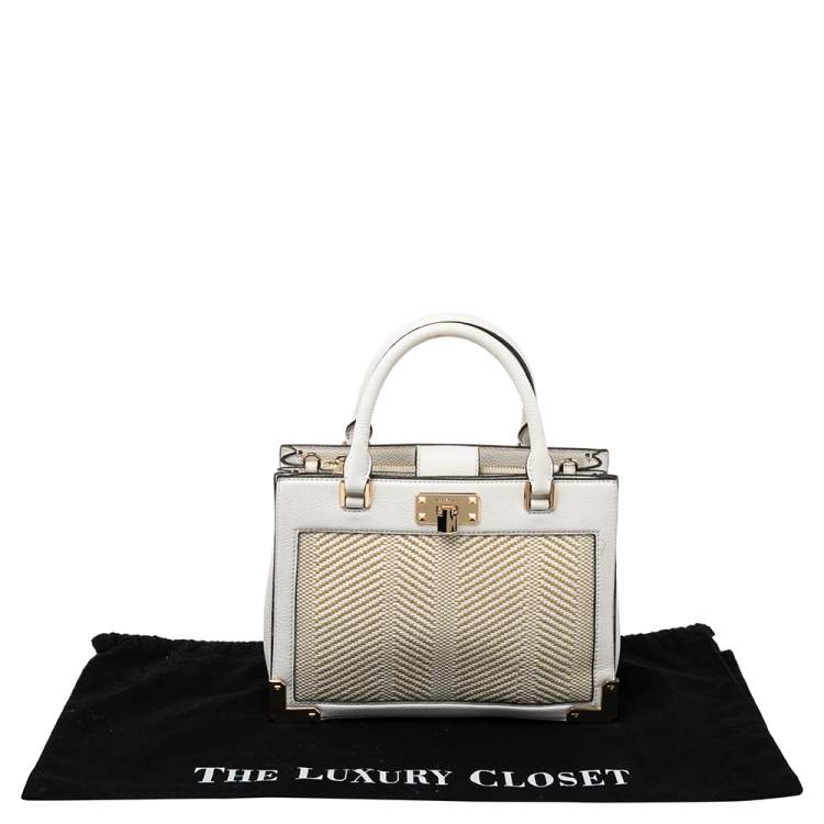 Pre Owned Michael Kors White Leather and Straw Medium Kinsley Accordion Tote