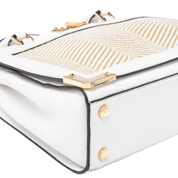 Pre Owned Michael Kors White Leather and Straw Medium Kinsley Accordion Tote
