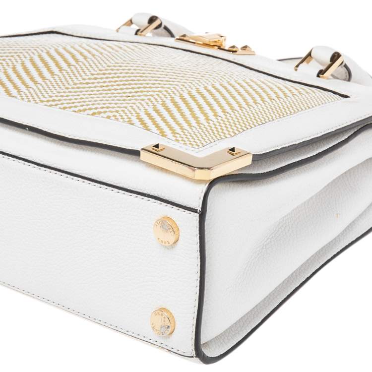 Pre Owned Michael Kors White Leather and Straw Medium Kinsley Accordion Tote