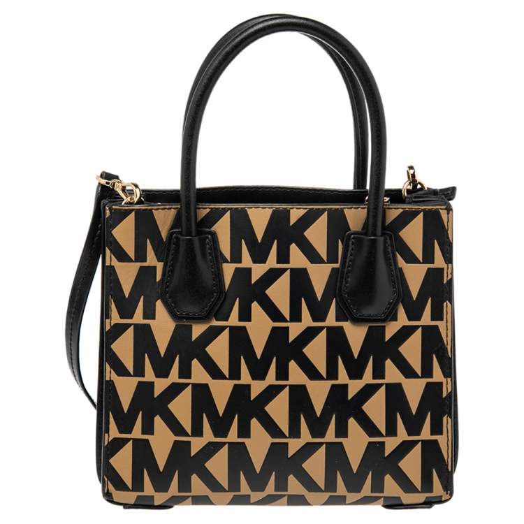 Pre Owned Michael Kors Black/Brown Signature Embossed Leather Mini Mercer Tote