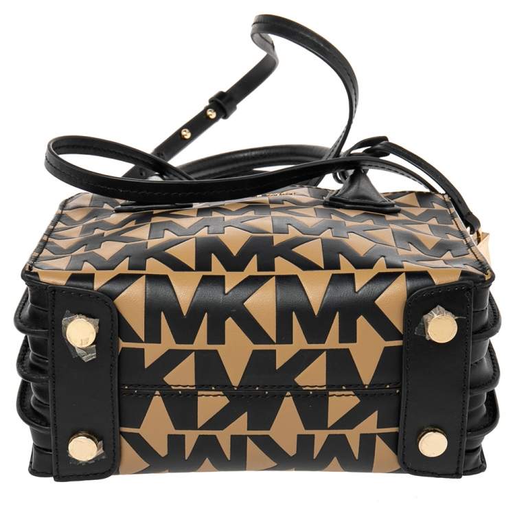 Pre Owned Michael Kors Black/Brown Signature Embossed Leather Mini Mercer Tote