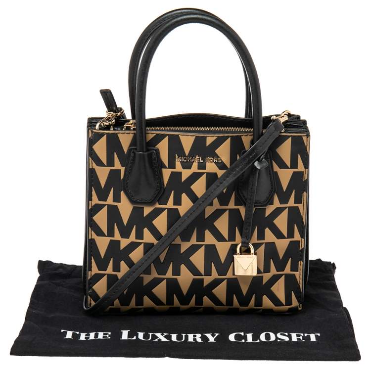 Pre Owned Michael Kors Black/Brown Signature Embossed Leather Mini Mercer Tote