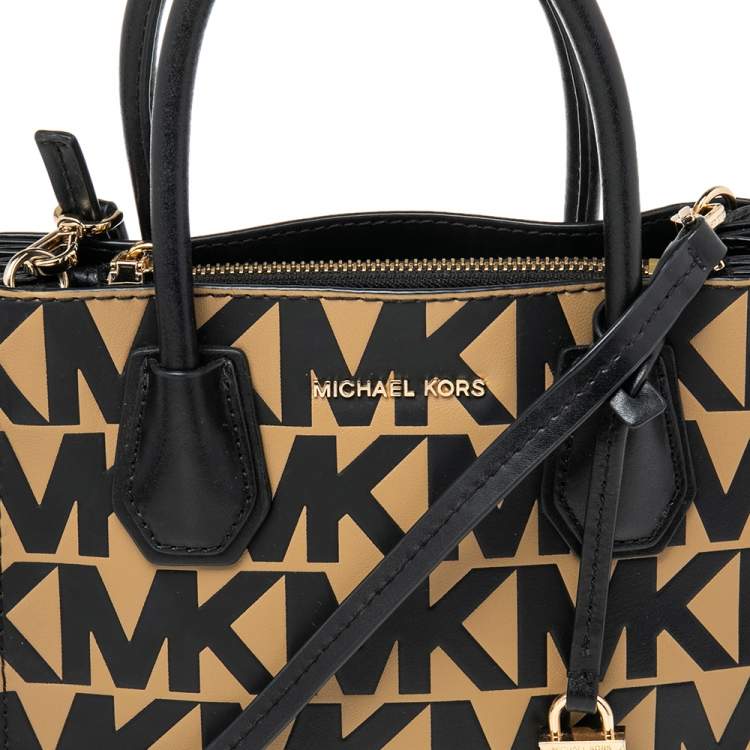 Pre Owned Michael Kors Black/Brown Signature Embossed Leather Mini Mercer Tote