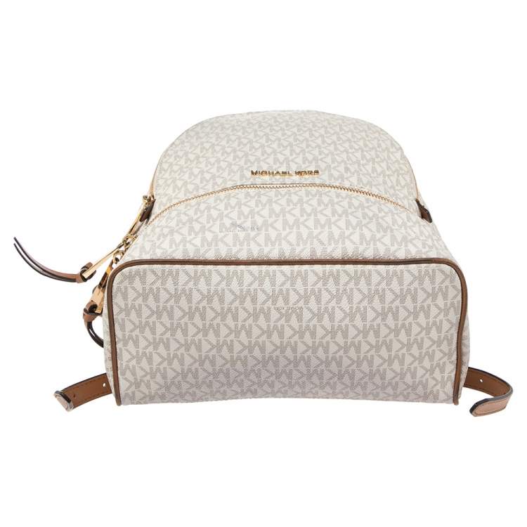 مملوكة مسبقًا Michael Kors White/Tan Signature Coated Canvas And Leather Rhea Zip Backpack