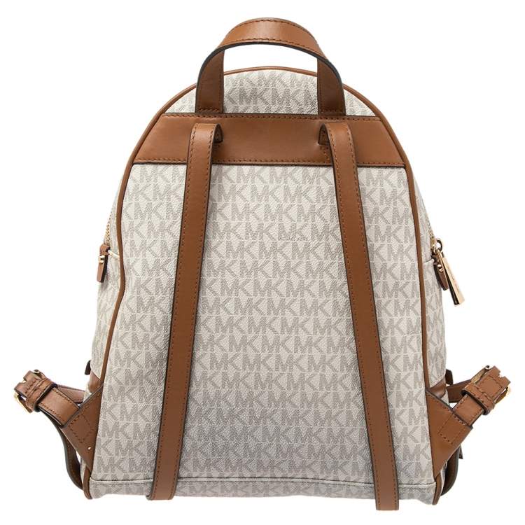 مملوكة مسبقًا Michael Kors White/Tan Signature Coated Canvas And Leather Rhea Zip Backpack