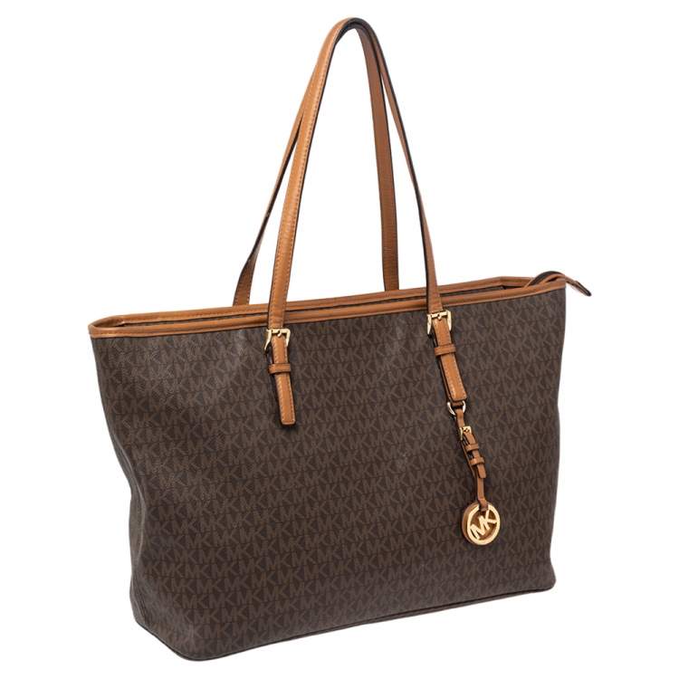 Pre Owned Michael Kors Brown Signature Coated Canvas Jet Set Tote