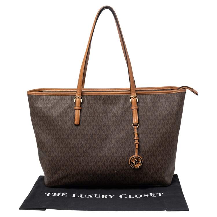 Pre Owned Michael Kors Brown Signature Coated Canvas Jet Set Tote