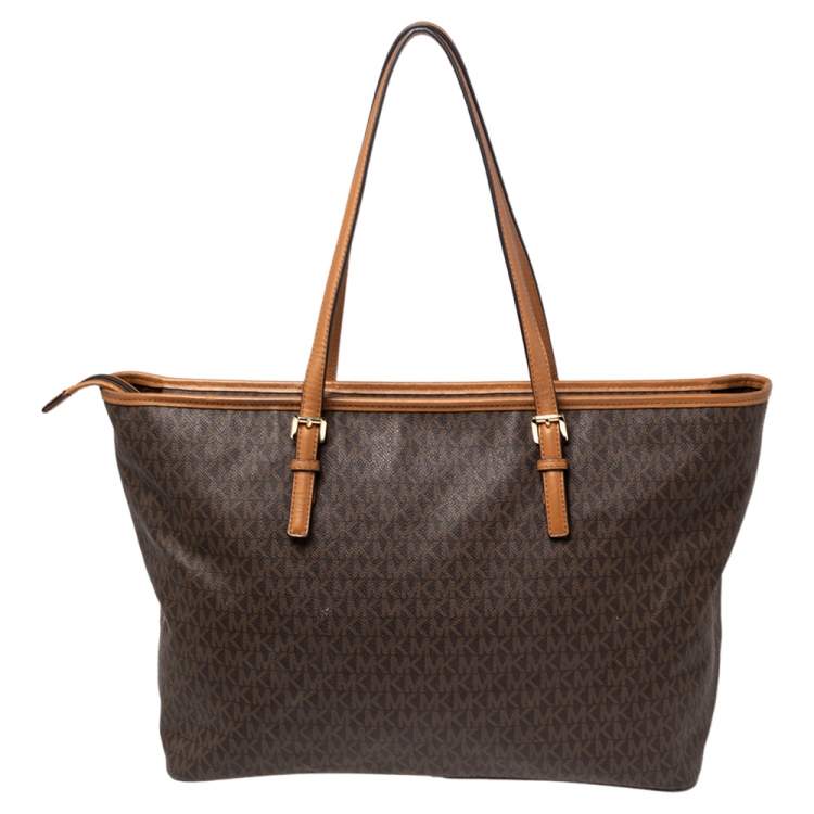 Pre Owned Michael Kors Brown Signature Coated Canvas Jet Set Tote