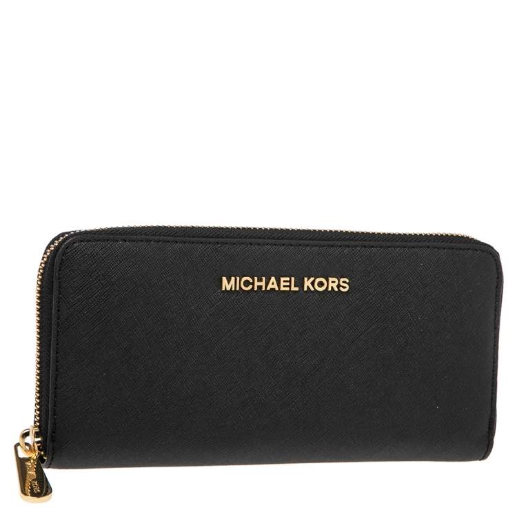 Pre Owned Michael Kors Black Saffiano Leather Zip Around Continental Wallet