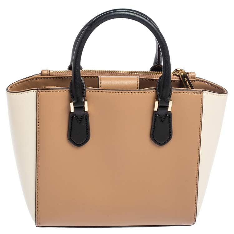 Pre Owned Michael Kors Beige/White Leather Small Carolyn Tote