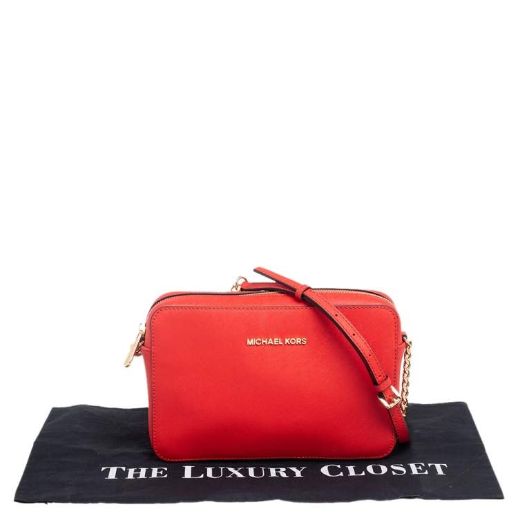 Pre Owned Michael Kors Red Saffiano Leather Jet Set Camera Crossbody Bag