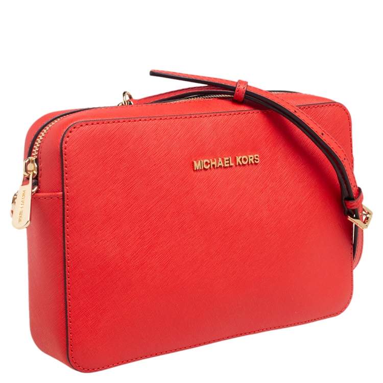 Pre Owned Michael Kors Red Saffiano Leather Jet Set Camera Crossbody Bag