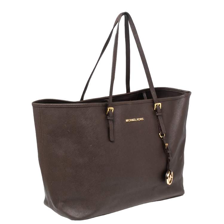 Pre Owned Michael Kors Dark Brown Leather Large Jet Set Travel Tote