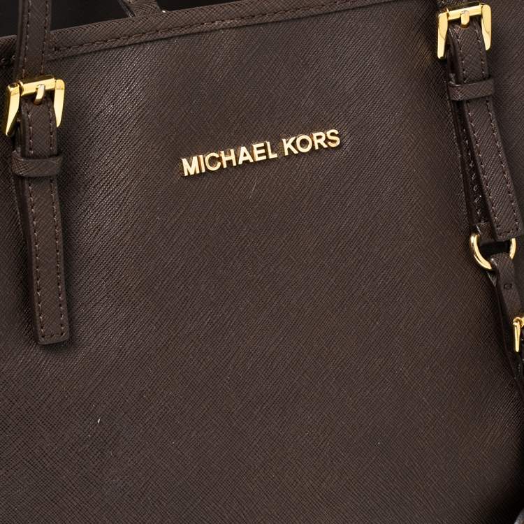 Pre Owned Michael Kors Dark Brown Leather Large Jet Set Travel Tote