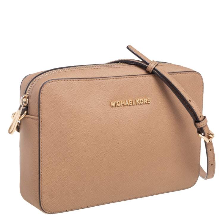 Pre Owned Michael Kors Dark Beige Leather Jet Set Camera Crossbody Bag
