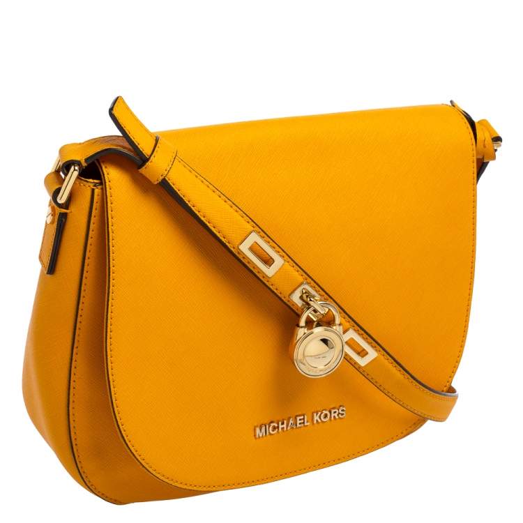 Pre Owned Michael Kors Mustard Yellow Leather Hamilton Crossbody Bag