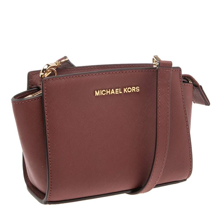 Pre Owned Michael Kors Maroon Leather Mini Selma Crossbody Bag