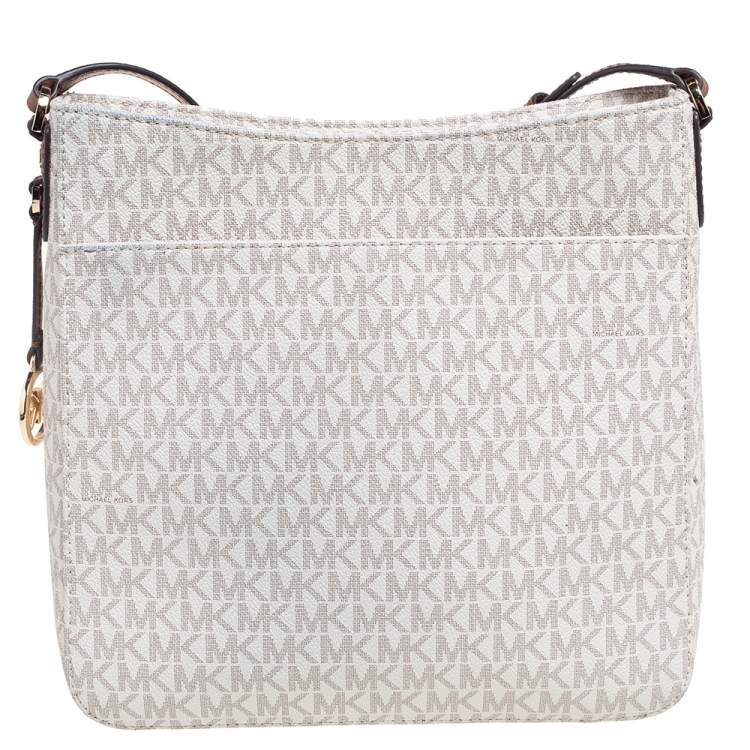 Pre Owned Michael Kors White Signature Coated Canvas Jet Set Travel Messenger Bag